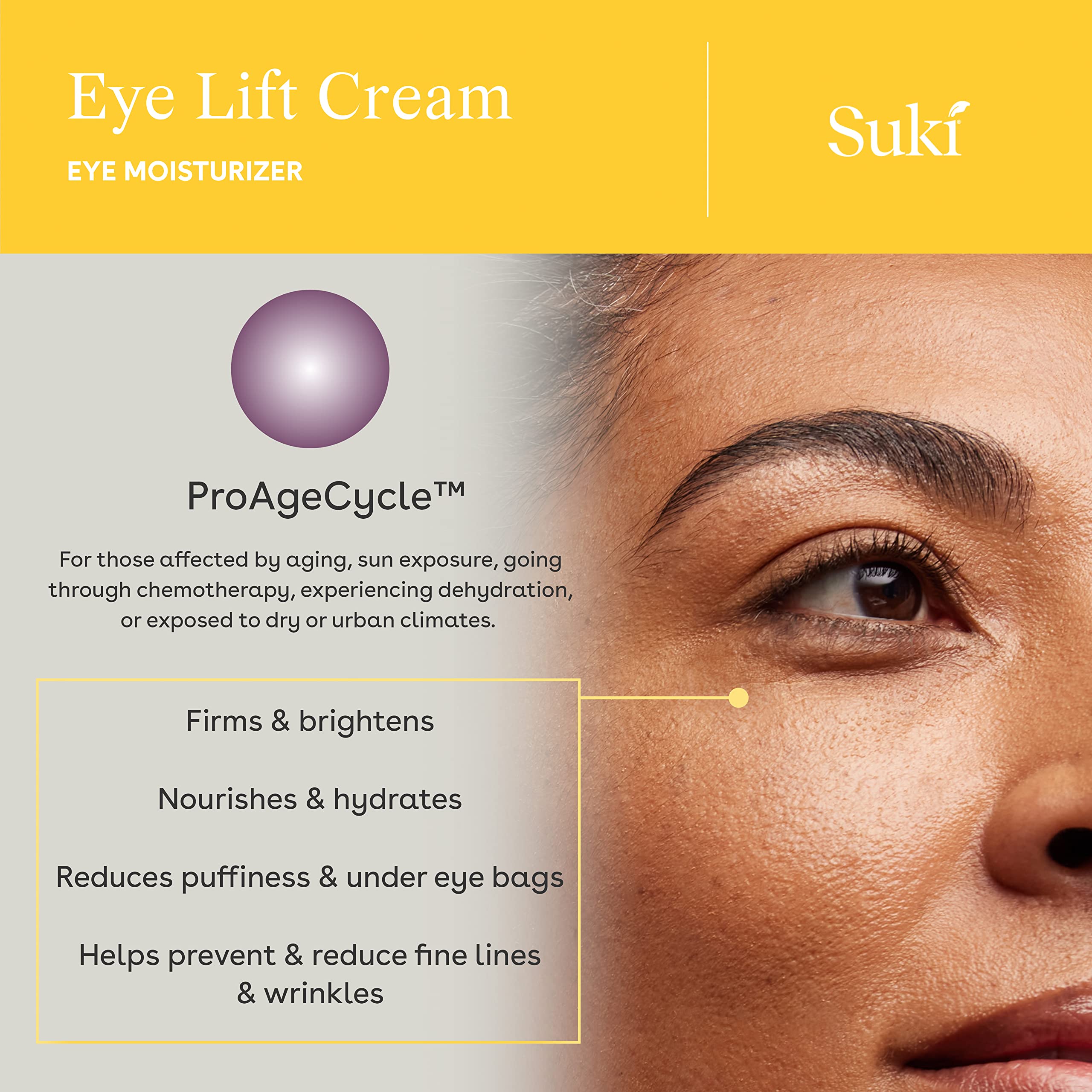 Suki Eye Lift Renewal Cream Day jar closeup; silky texture on the skin.