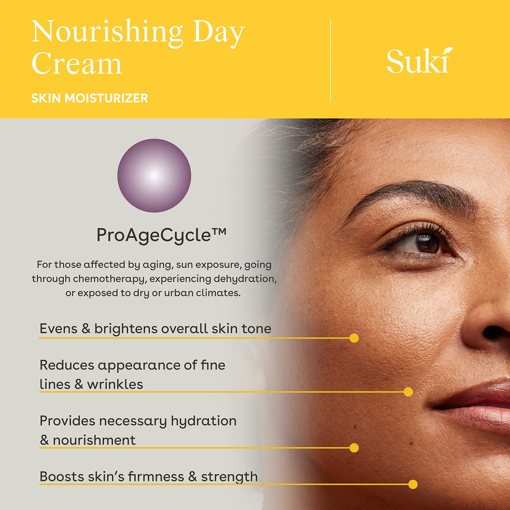 Suki Nourishing Day Cream jar application captures creamy richness for daily moisture and elasticity.
