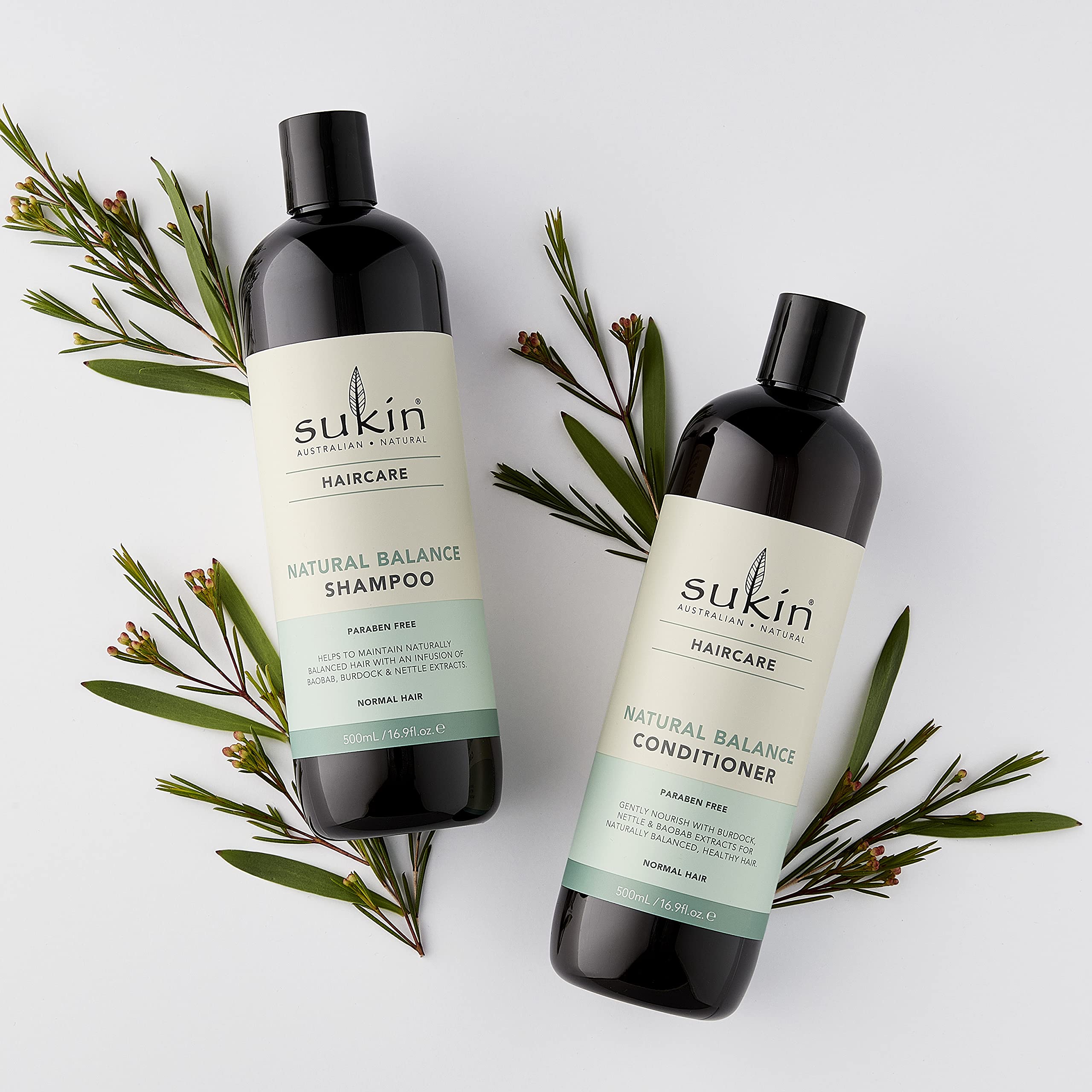 Sukin Natural Balance Shampoo label close-up highlighting natural ingredients.