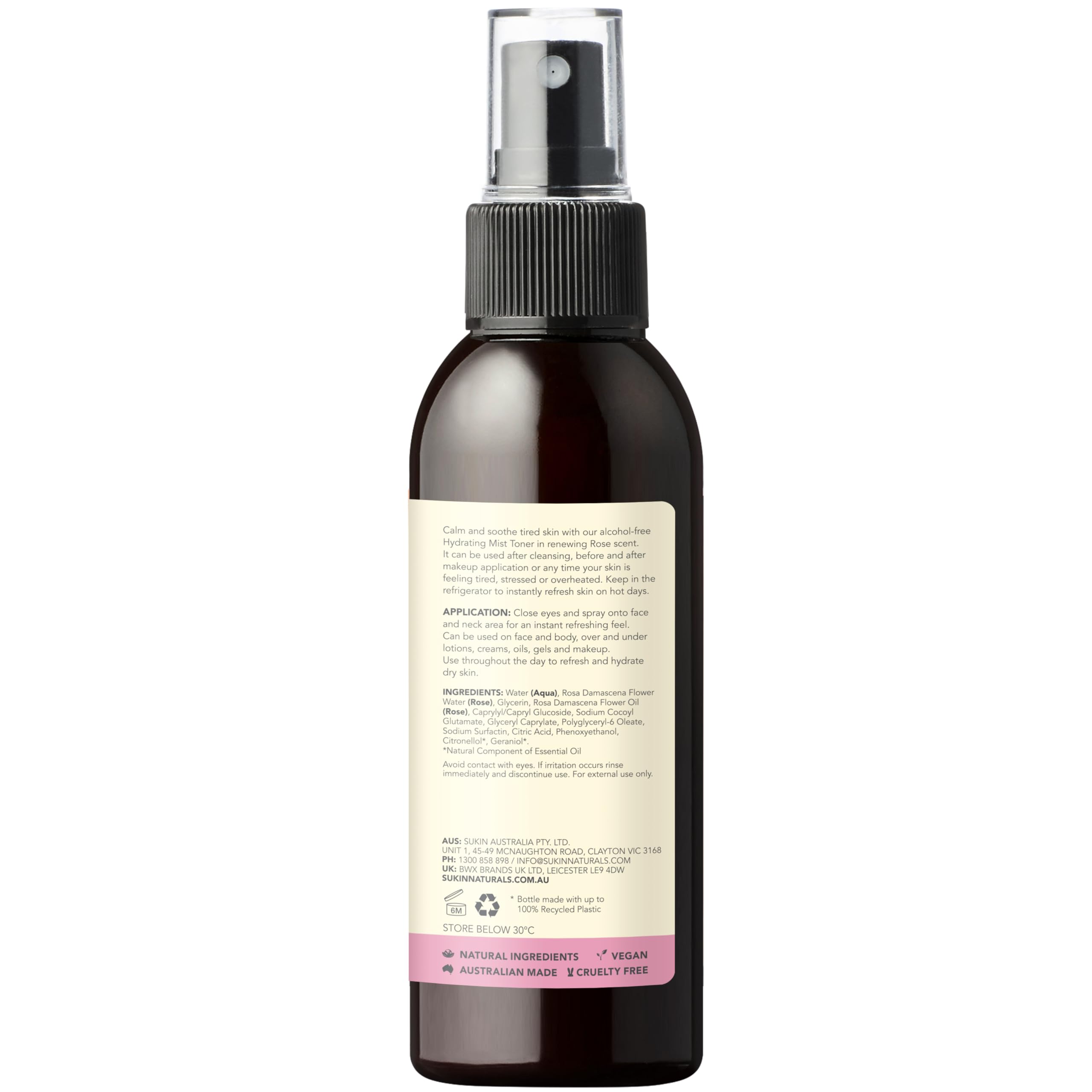 Sukin Rose Hydration Mist Toner spray action delivers a refreshing mist
