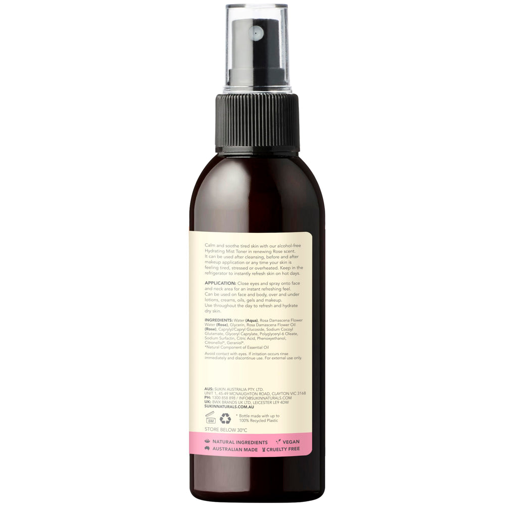 Sukin Rose Hydration Mist Toner spray action delivers a refreshing mist
