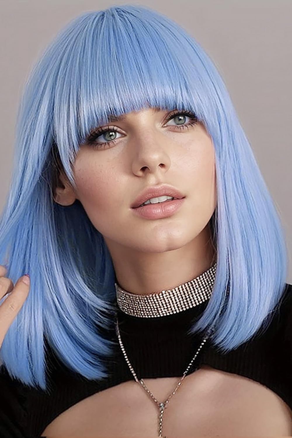 SUKRI adjustable cap buckles on blue wig ensure secure fit.