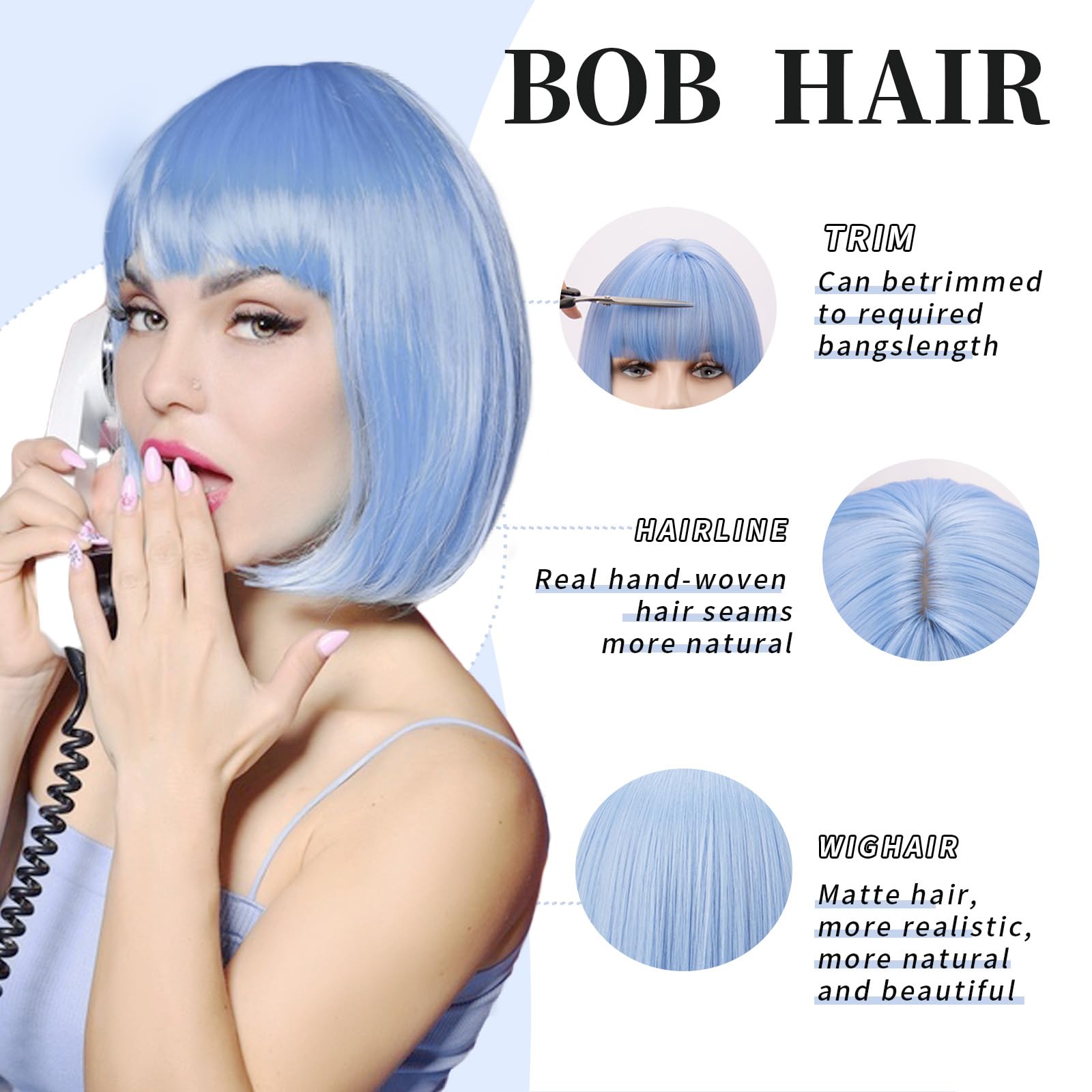 SUKRI heat-resistant synthetic fibers on blue wig for easy styling.