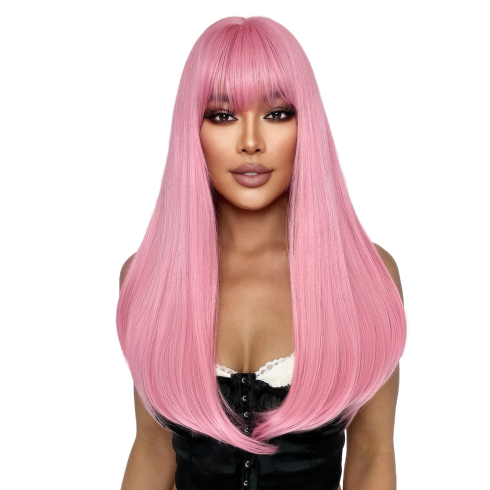 SUKRI pink wig with bangs cap construction for breathable comfort