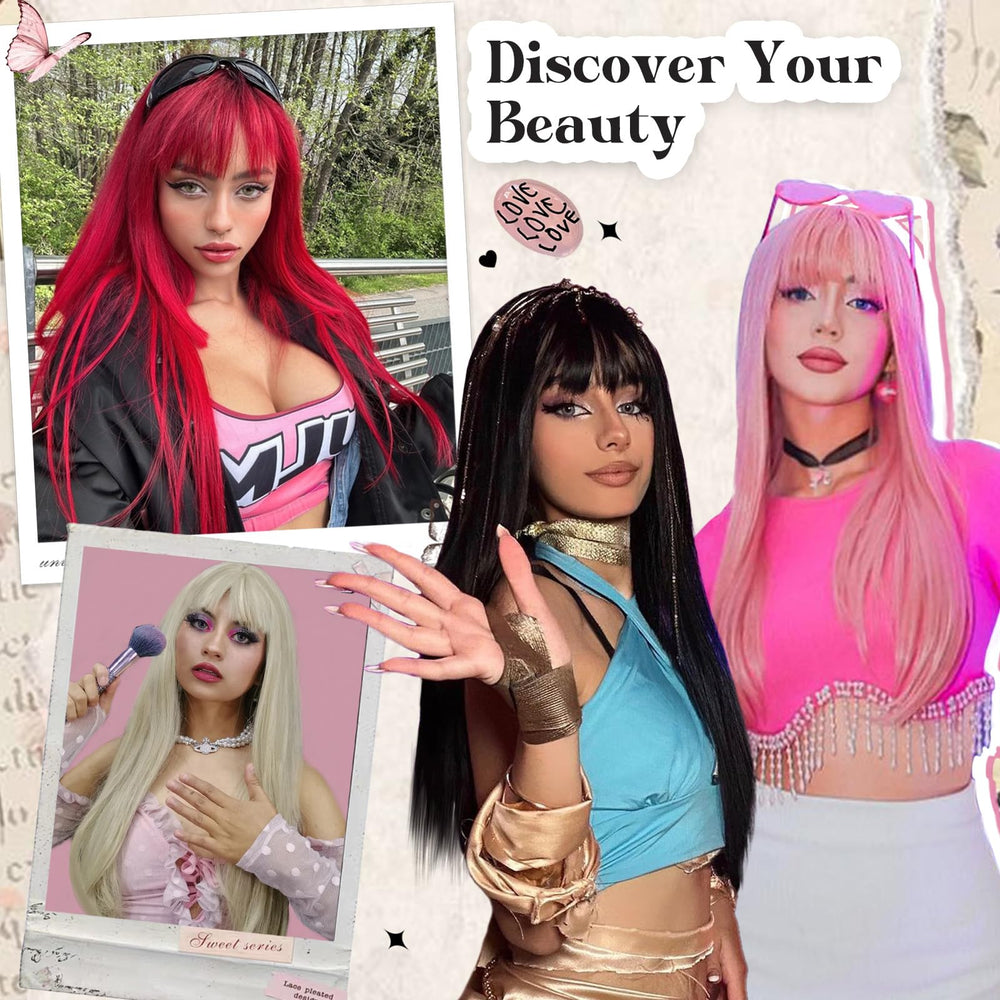 SUKRI pink wig with bangs cosplay-ready, bright pink shade