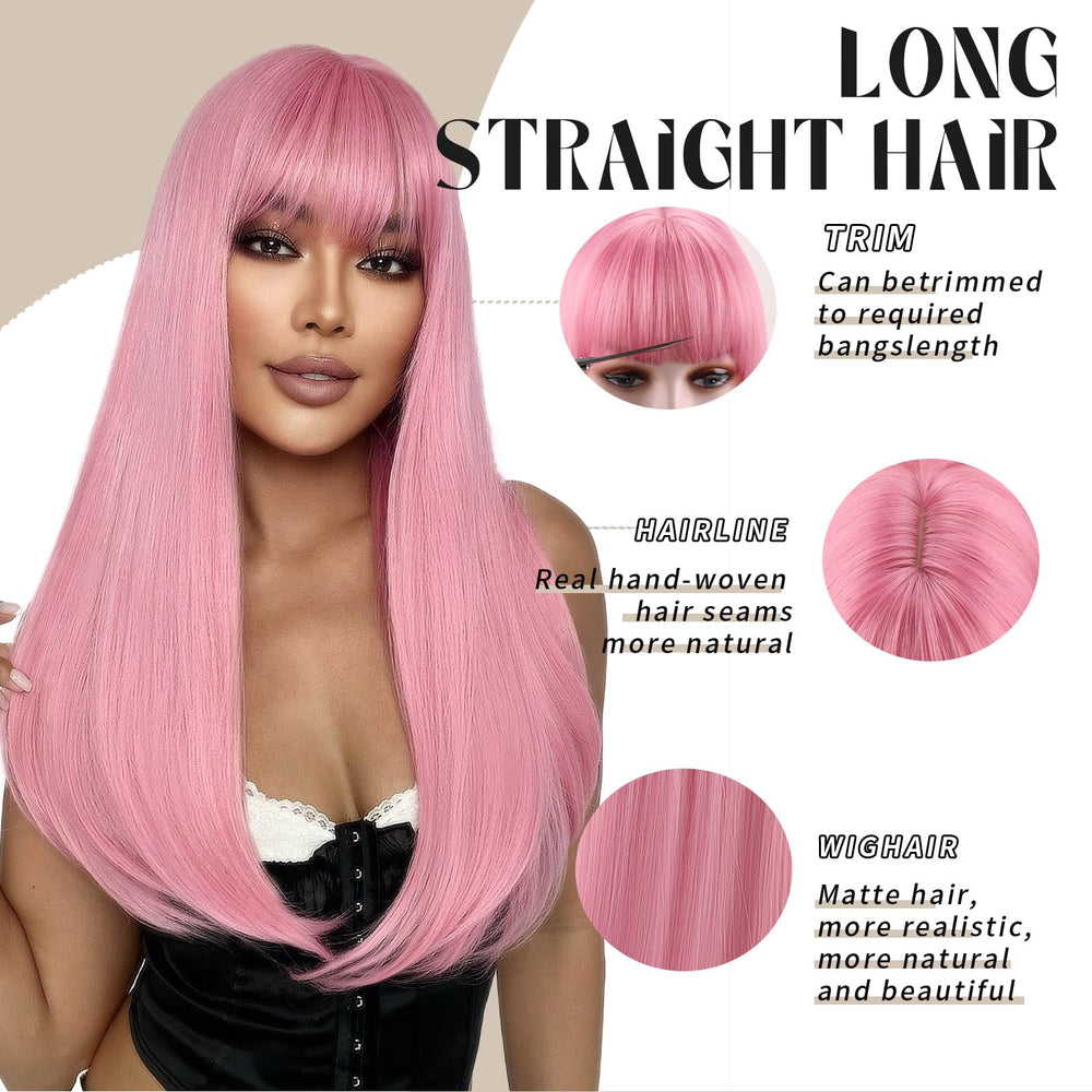 SUKRI pink wig with bangs daily-wear friendly and low-maintenance
