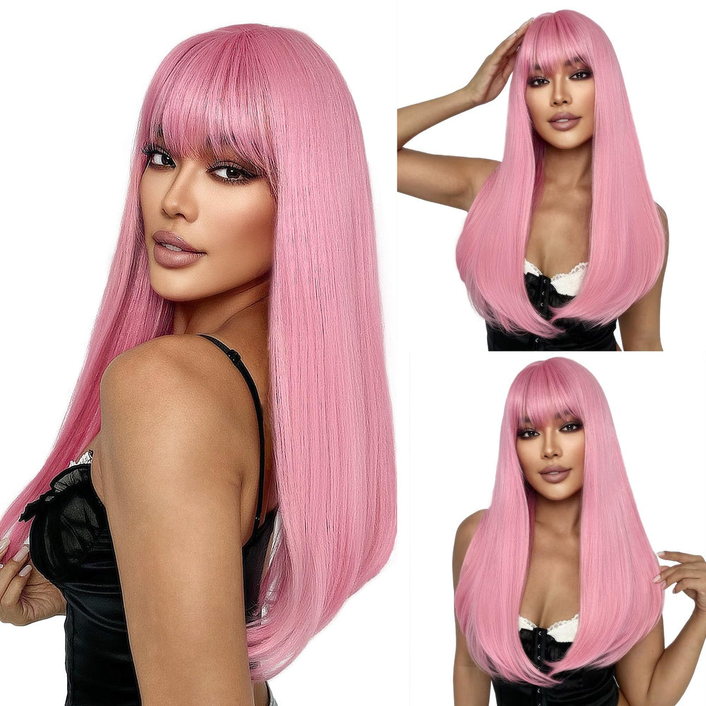 SUKRI pink wig with bangs front view, natural straight style for daily wear