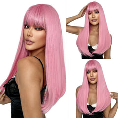 SUKRI pink wig with bangs front view, natural straight style for daily wear