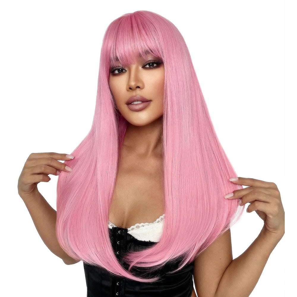 SUKRI pink wig with bangs side view, versatile cosplay or party look