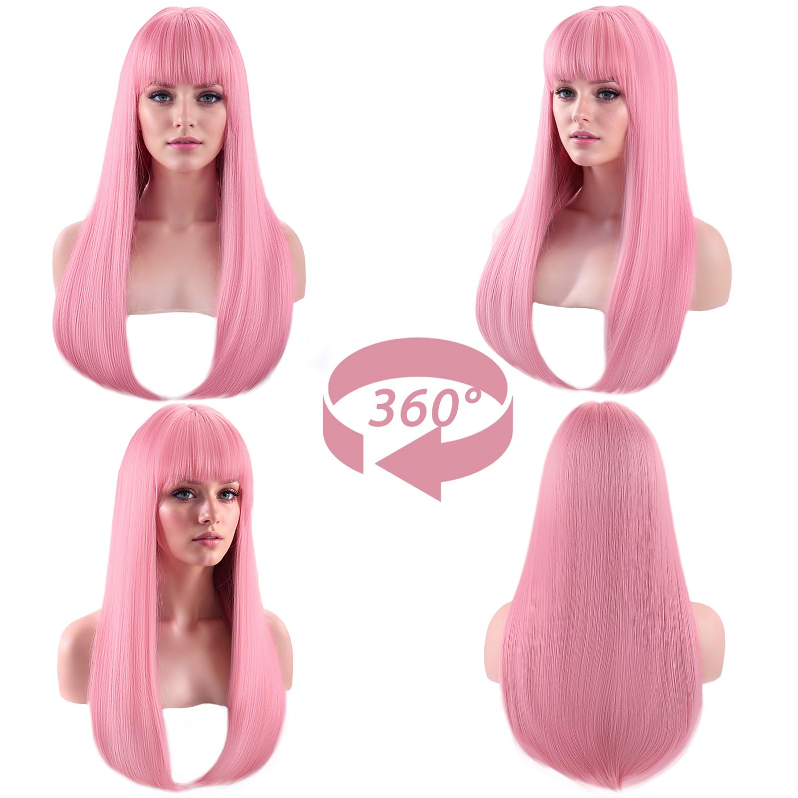 SUKRI pink wig with bangs wearing look, ready for quick styling
