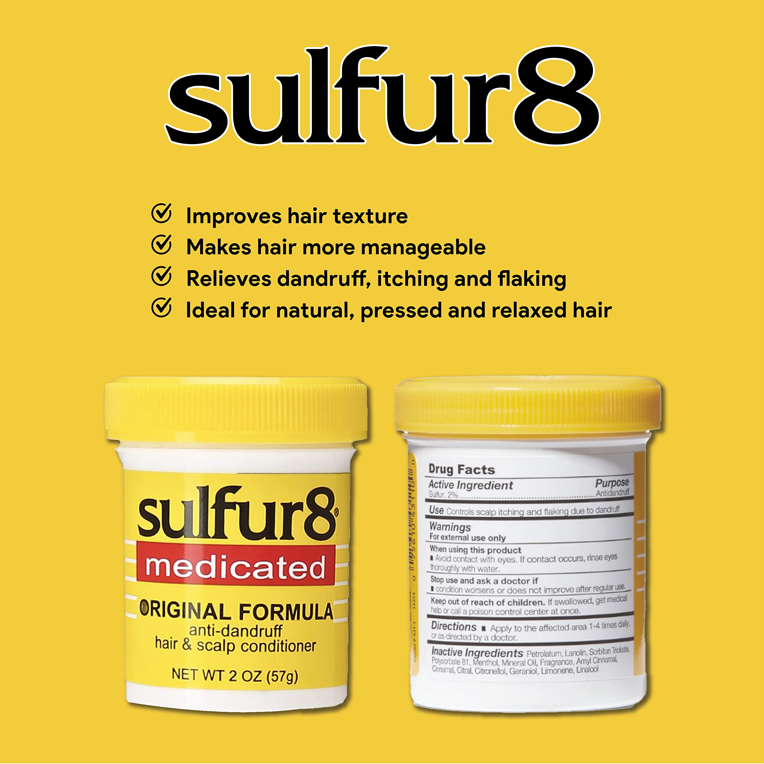 Sulfur 8 label highlights medicated anti-dandruff formula for scalp care.