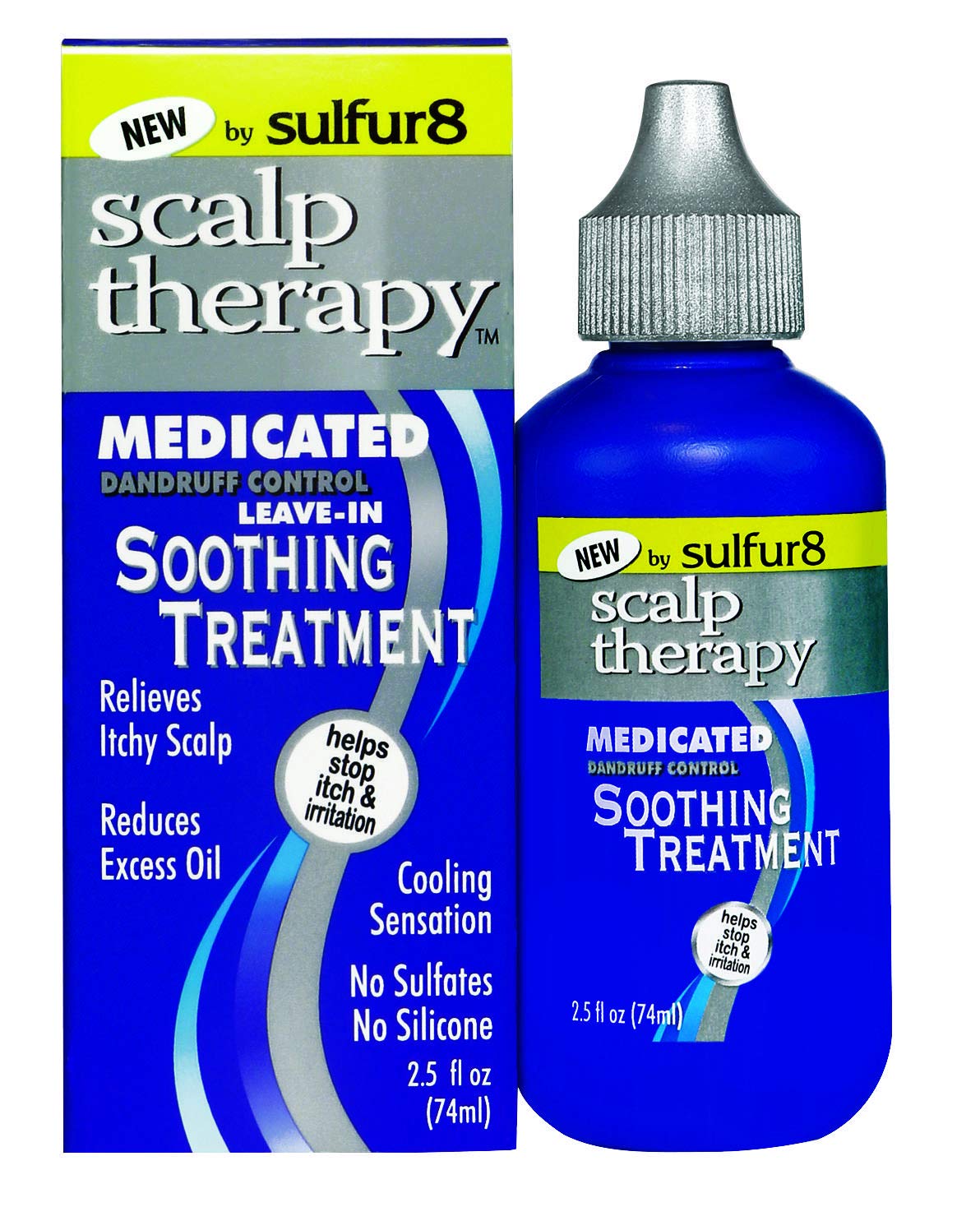 Sulfur-8 Scalp Therapy bottle pour for soothing itchy scalp and dandruff relief.
