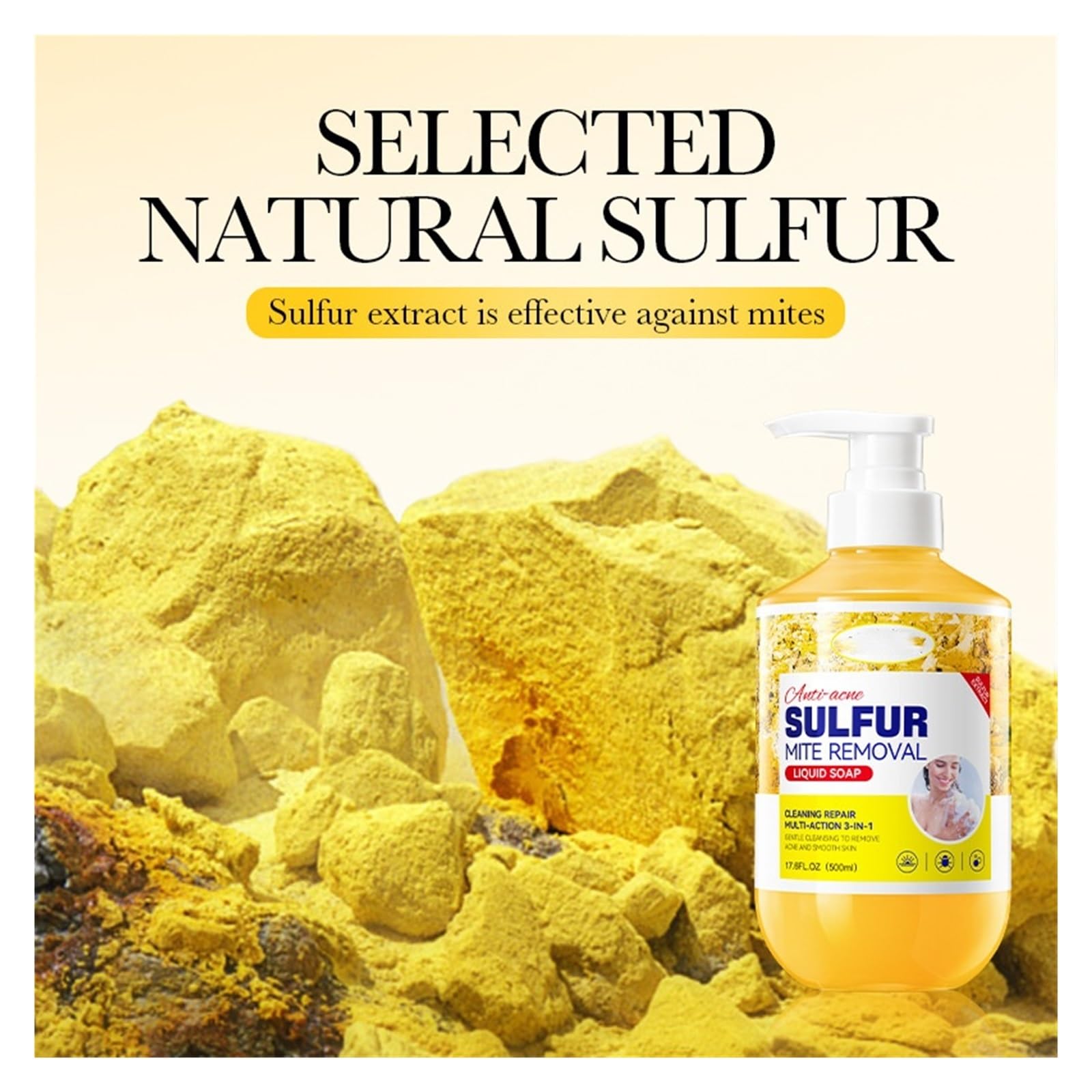 Sulfur Body Wash in shower scene indicating easy wash-off and hydration.