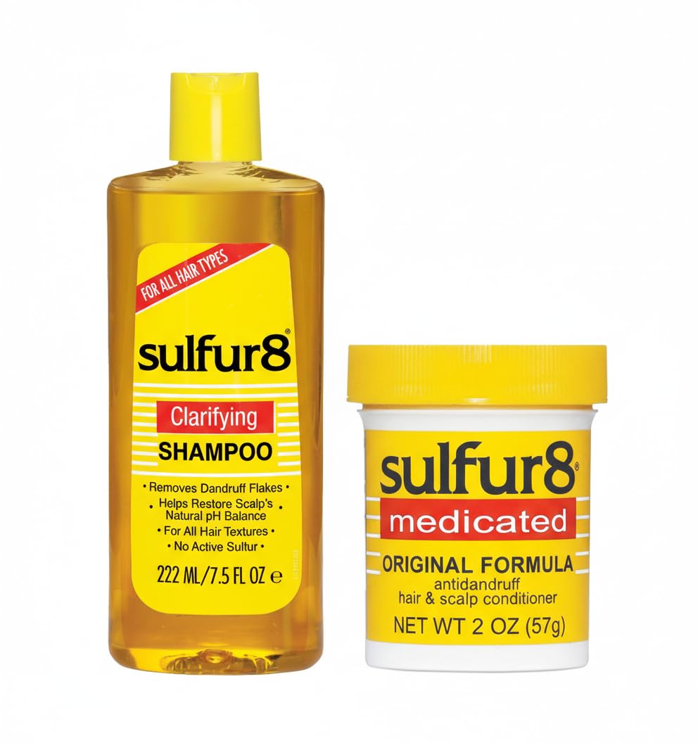 Sulfur8 anti-dandruff shampoo bottle showing scalp cleansing and flakes control.