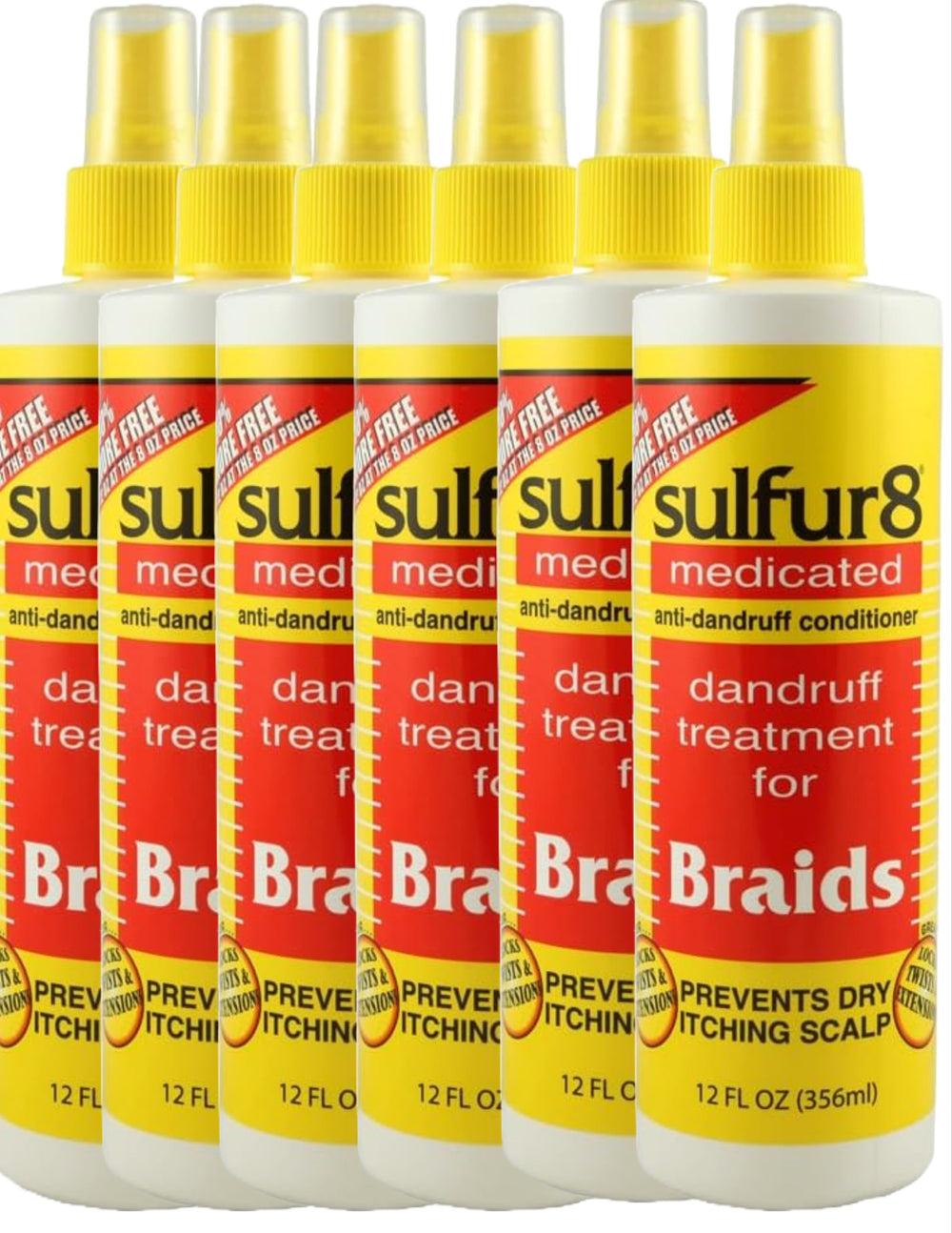 Sulfur 8 Dandruff Treatment spray on braids for shine and improved scalp comfort.