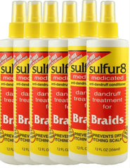 Sulfur 8 Dandruff Treatment spray on braids for shine and improved scalp comfort.