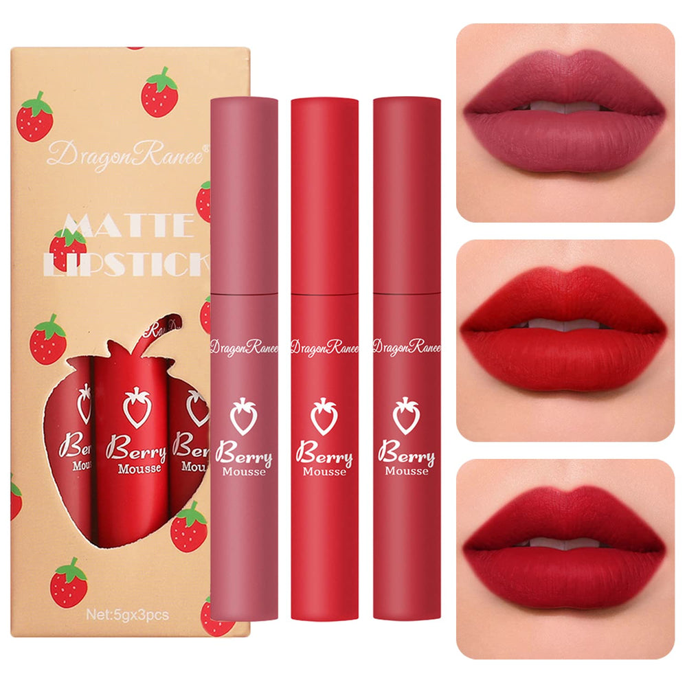 Sulily 3Pcs Dark Red Matte Lipstick Set packaging display showcasing sleek velvet finish.