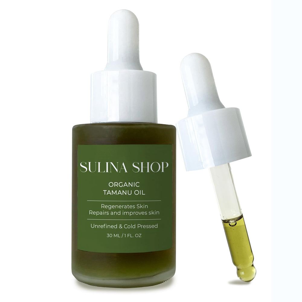 Sulina Shop Tamanu Oil bottle showcasing pure formula for moisturized skin.