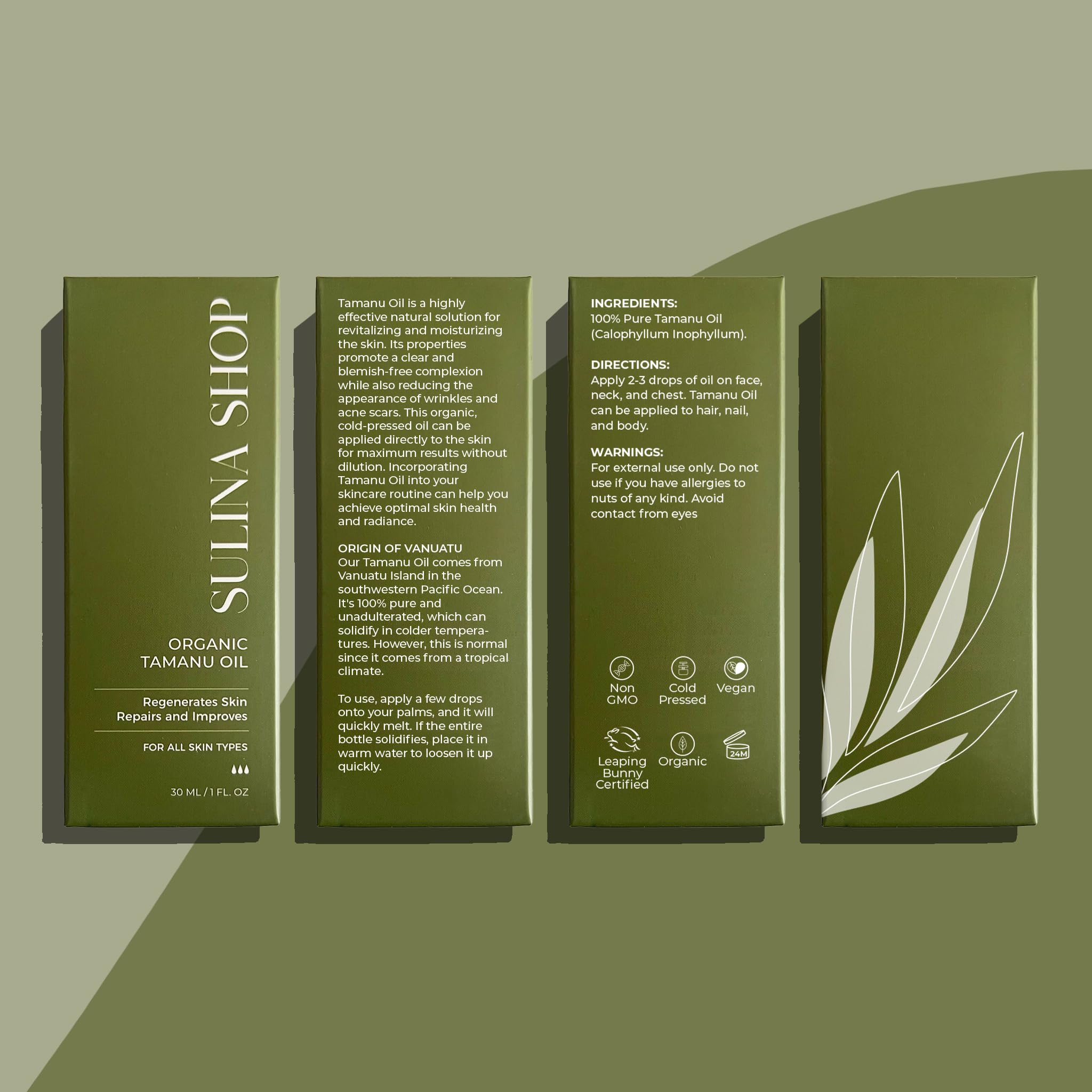 Sulina Shop Tamanu Oil glass bottle emphasizes eco-friendly packaging.