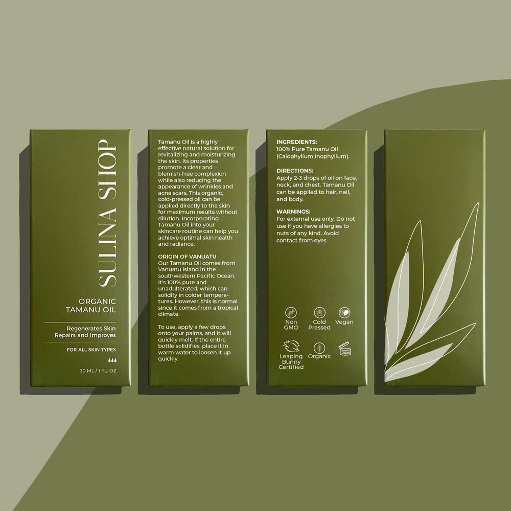Sulina Shop Tamanu Oil glass bottle emphasizes eco-friendly packaging.