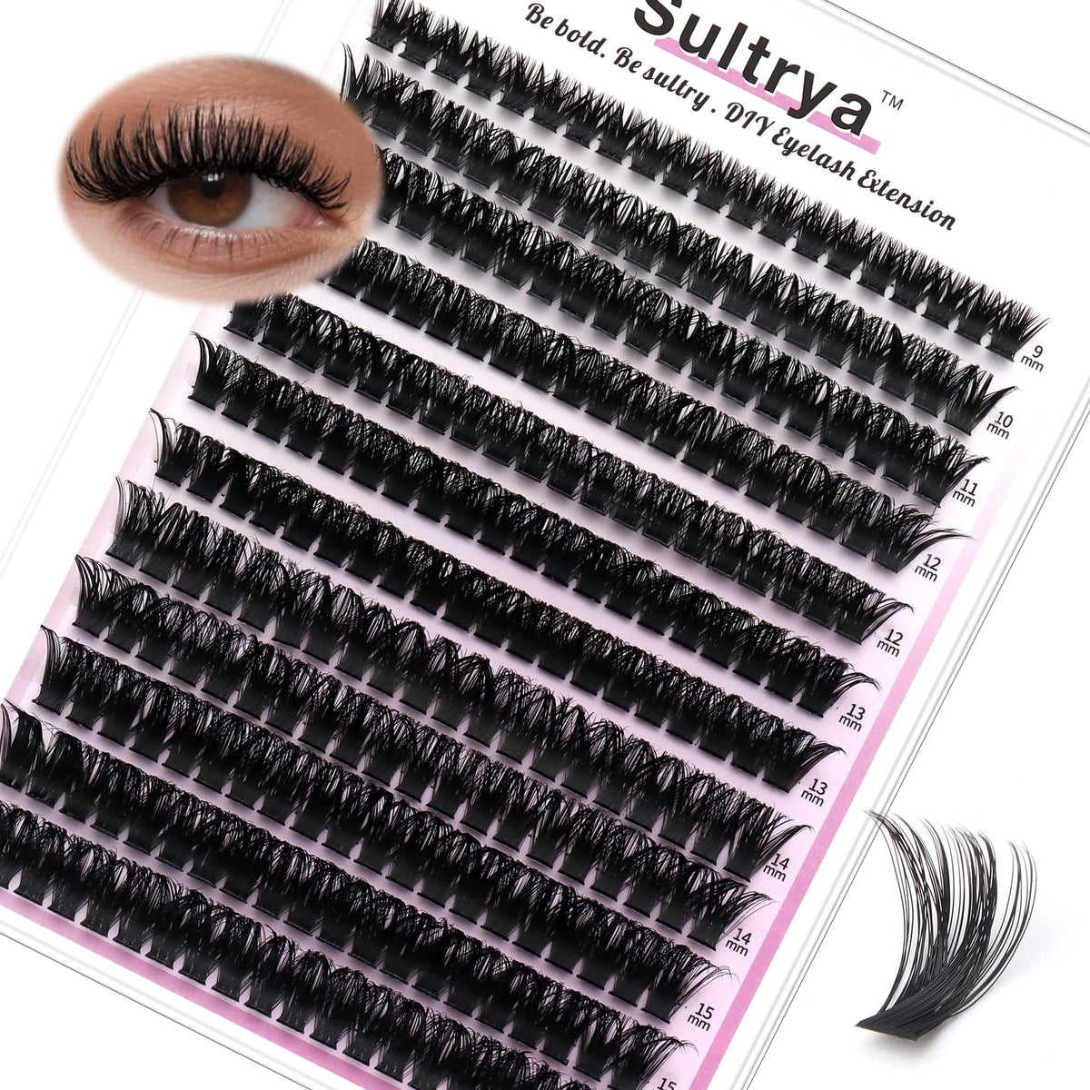 Sultrya 80D lash clusters close-up showing dramatic volume you can achieve at home.