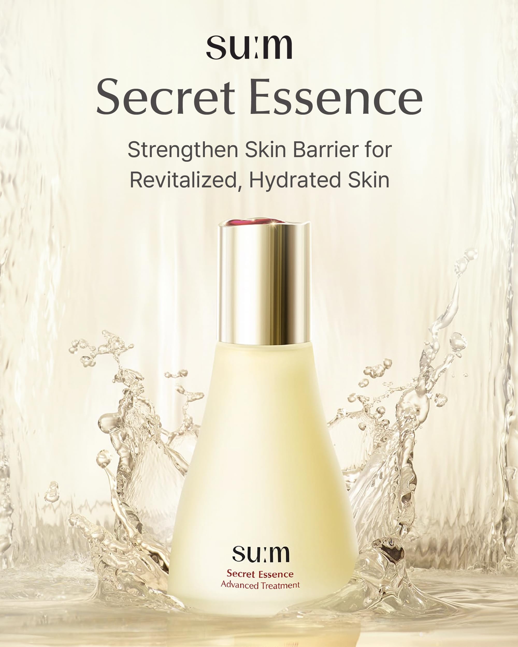 SU:M Secret Essence bottle close-up highlighting its fermented formula benefits for skin vitality.
