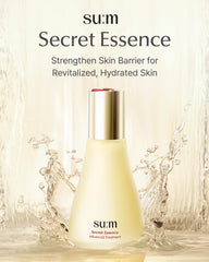 SU:M Secret Essence bottle close-up highlighting its fermented formula benefits for skin vitality.