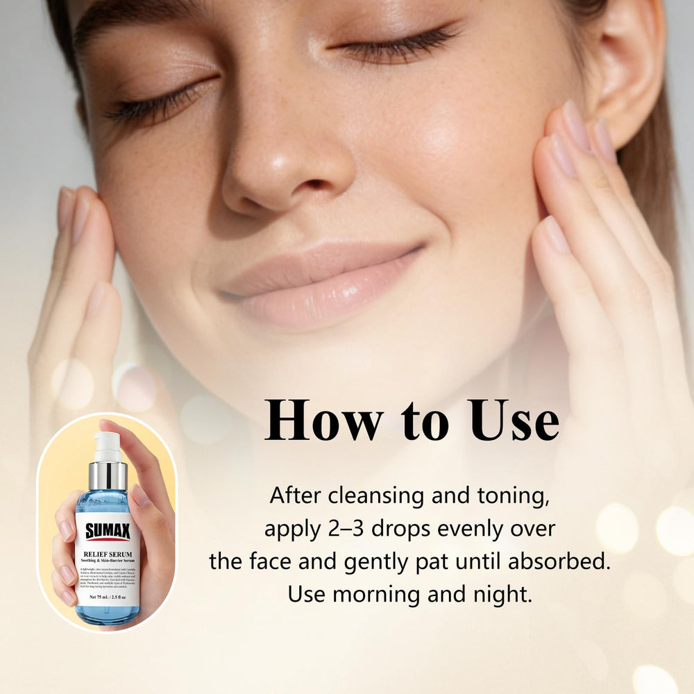 Sumax Relief Serum closeup on skin reveals even tone.