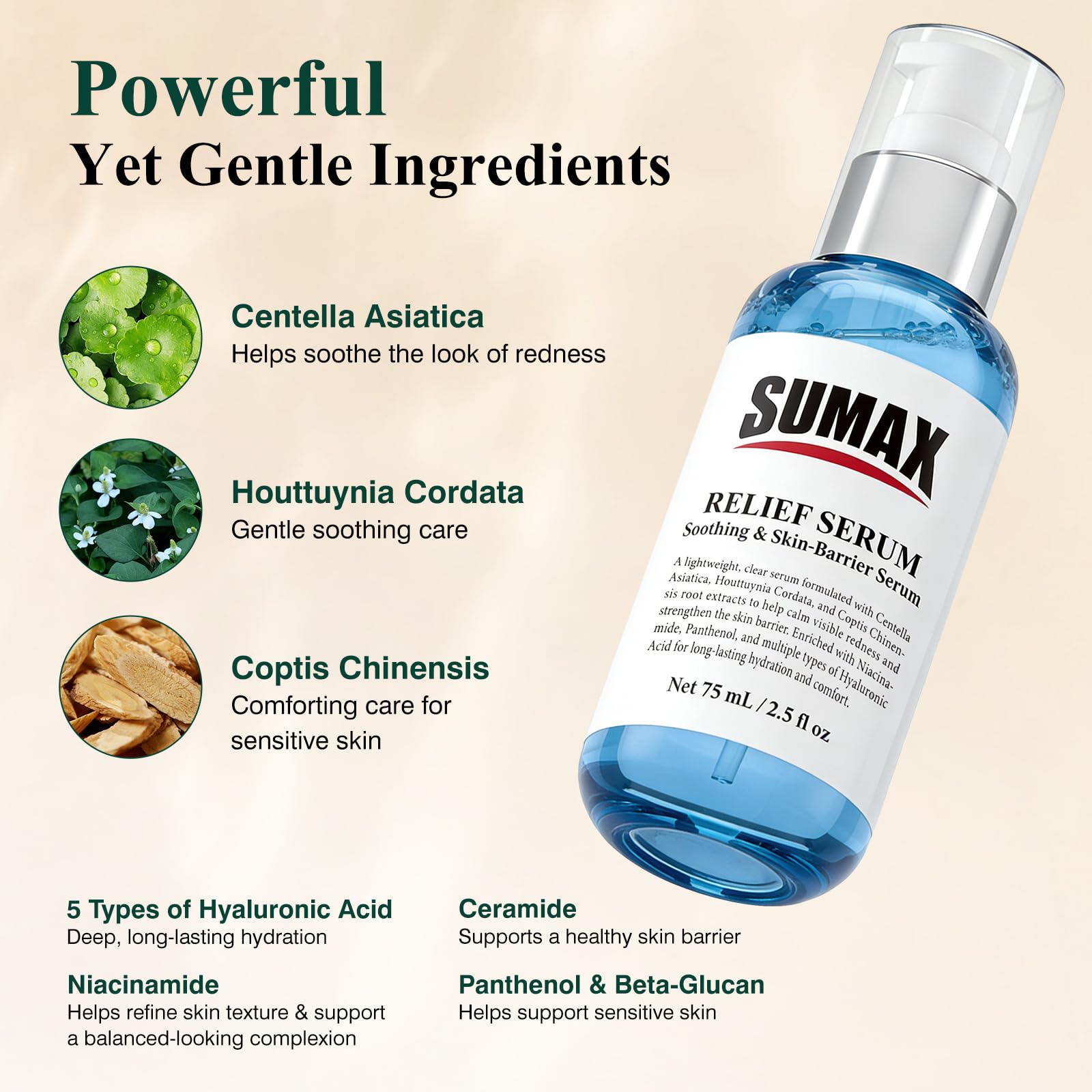 Sumax Relief Serum dispenser pump enables precise application.