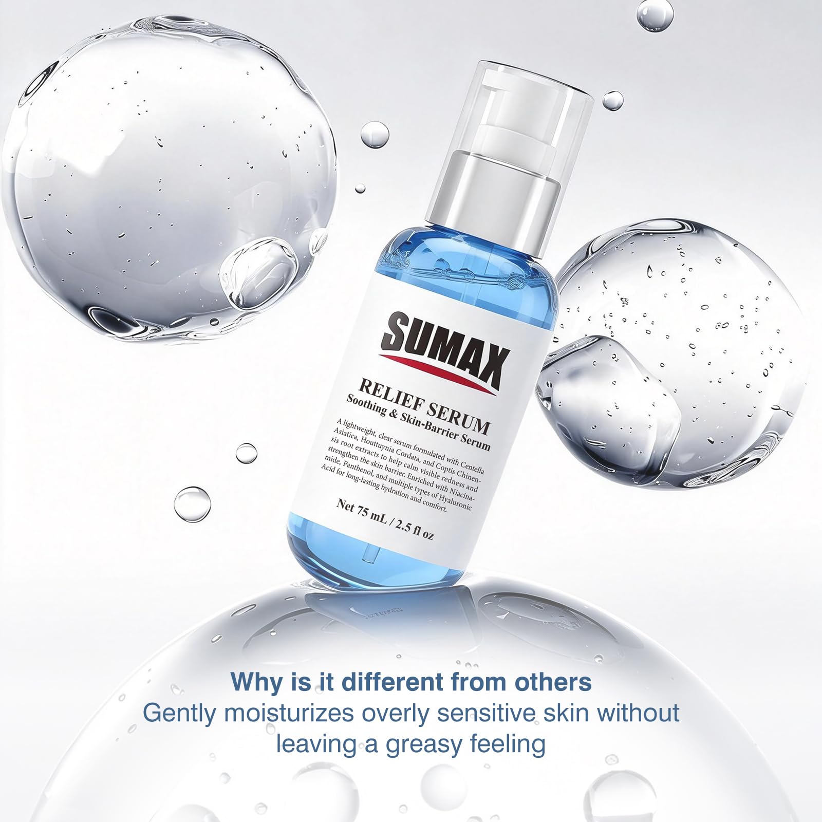 Sumax Relief Serum hyaluronic illustration emphasizes deep hydration.