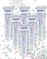 SUMEITANG glitter gel face-application delivers radiant rainbow shimmer for festivals.