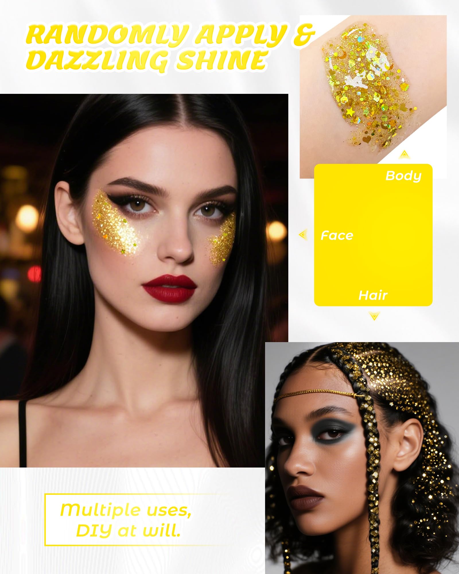 SUMEITANG Glitter gel in hair adds sparkling accents.