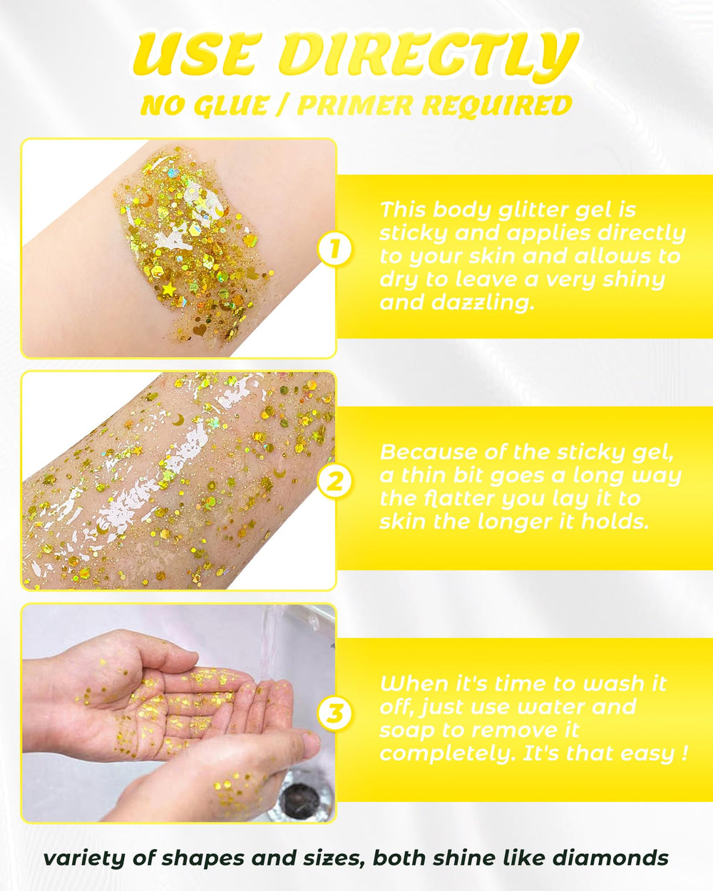 SUMEITANG Glitter gel on eyes delivers bold shine.