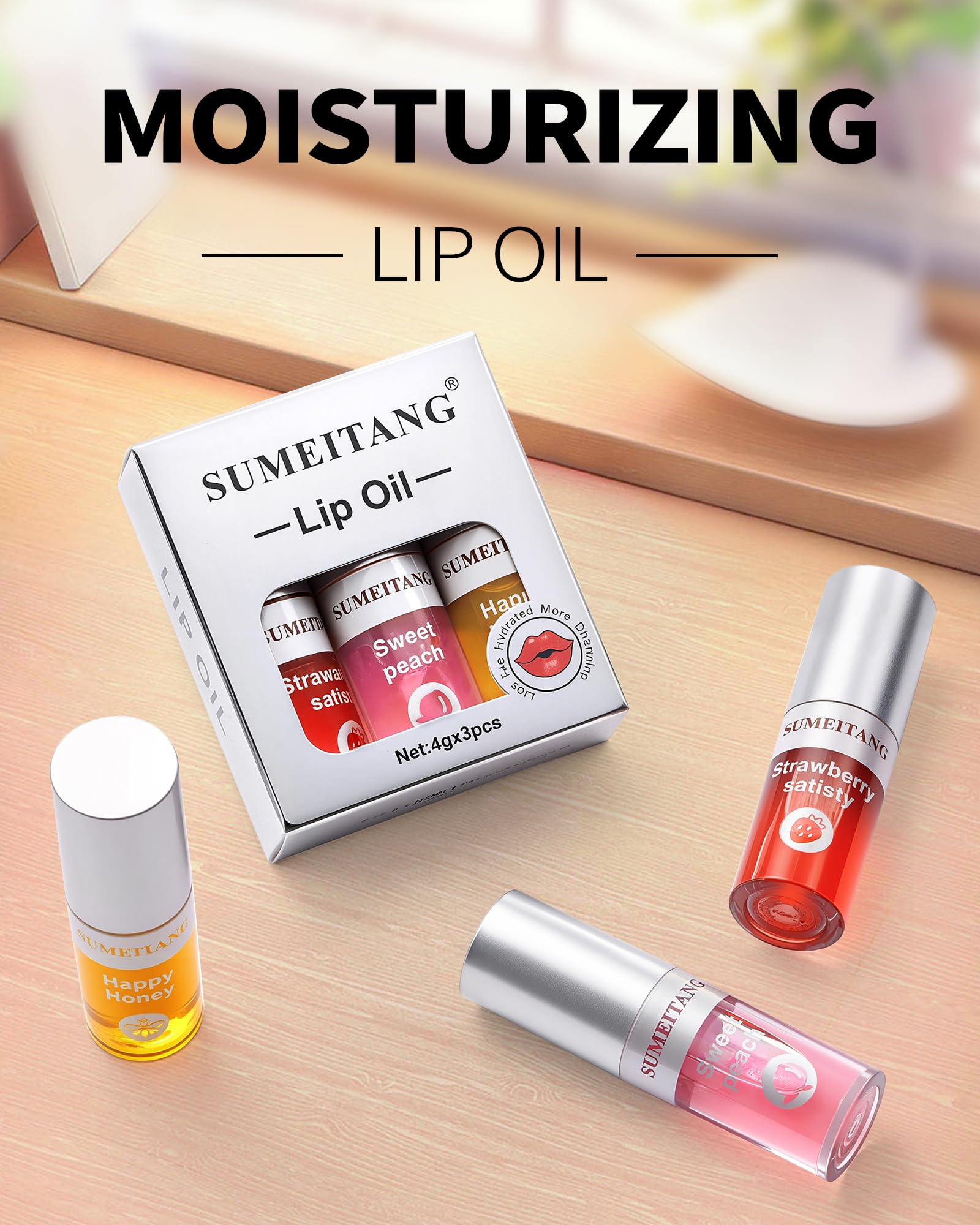 SUMEITANG lip oil bottle close-up highlights non-sticky, fast-absorbing formula.
