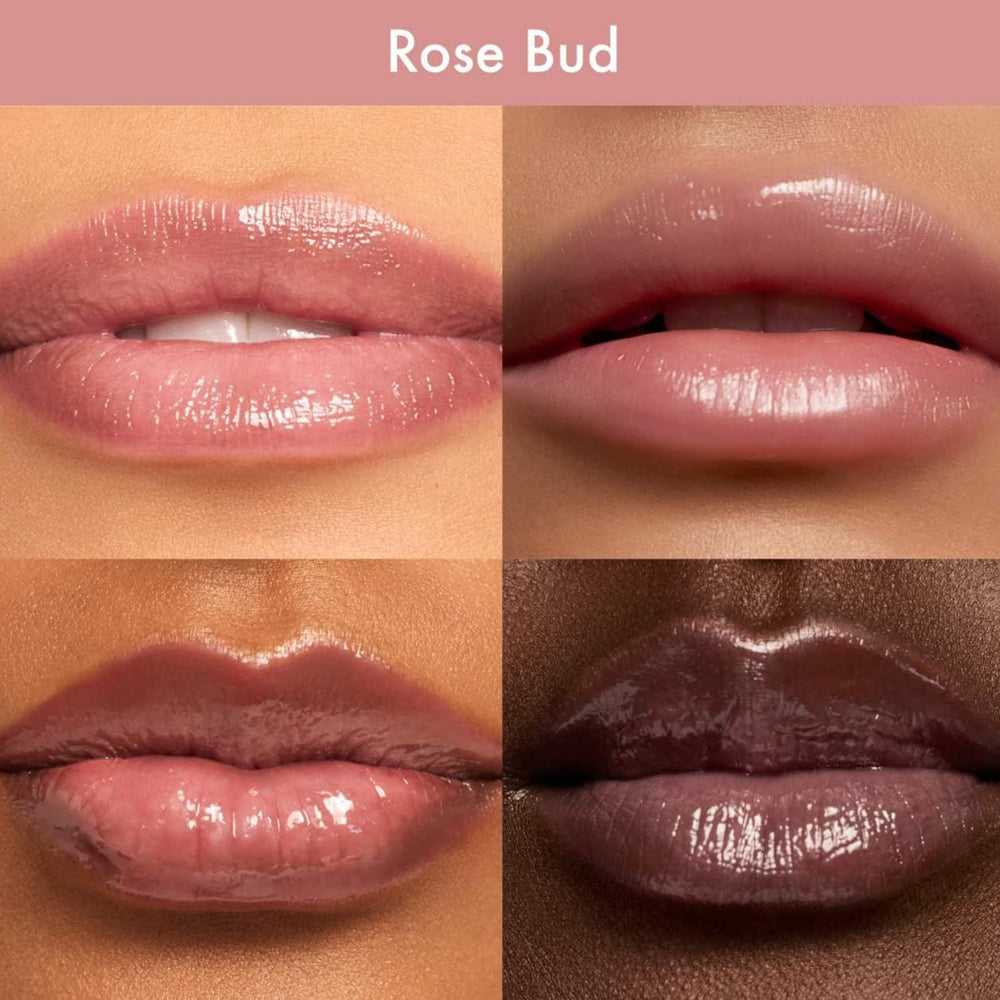 Close-up texture highlights non-sticky, creamy gloss on lips.