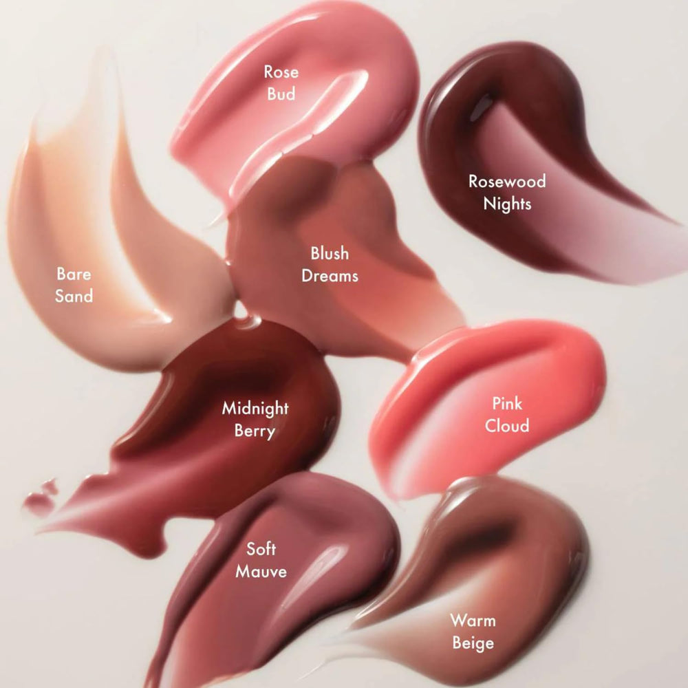 Lip oil on lips demonstrates a high-shine finish and soft look.