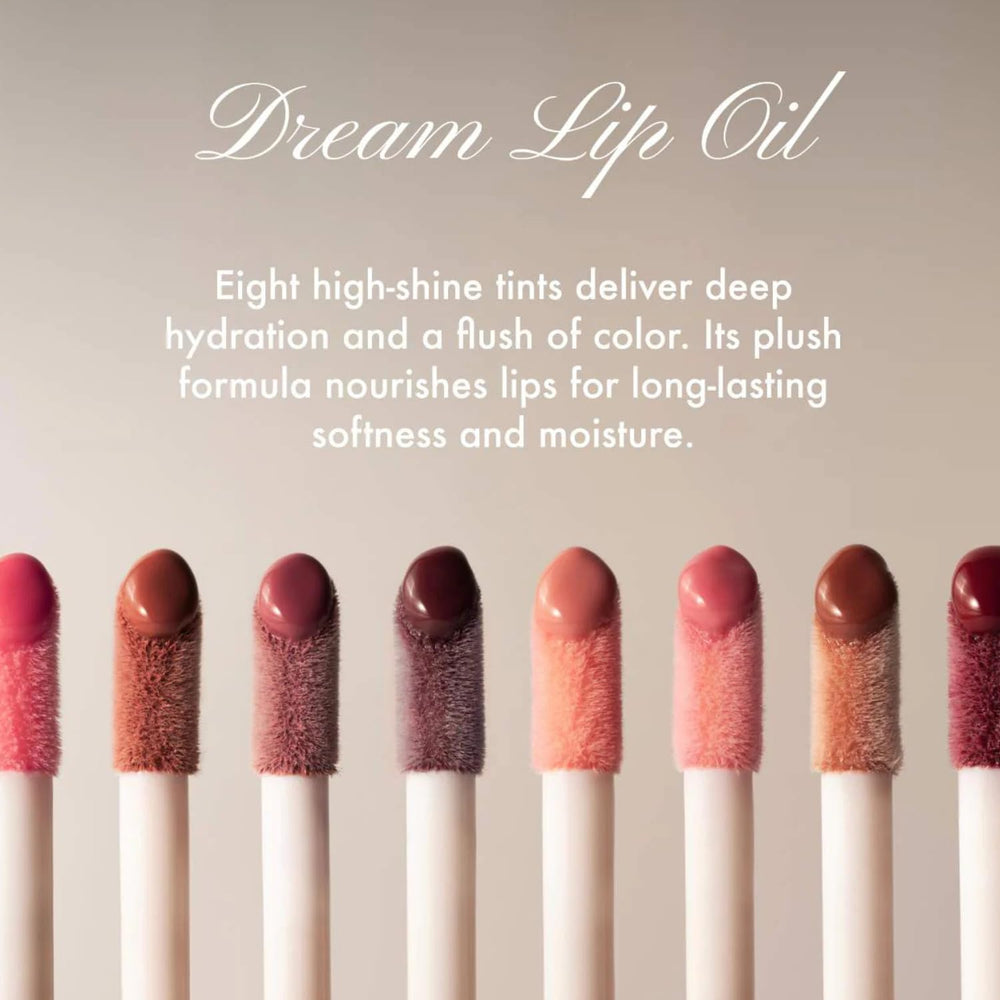 Daily routine shot shows lip oil layered for added dimension.