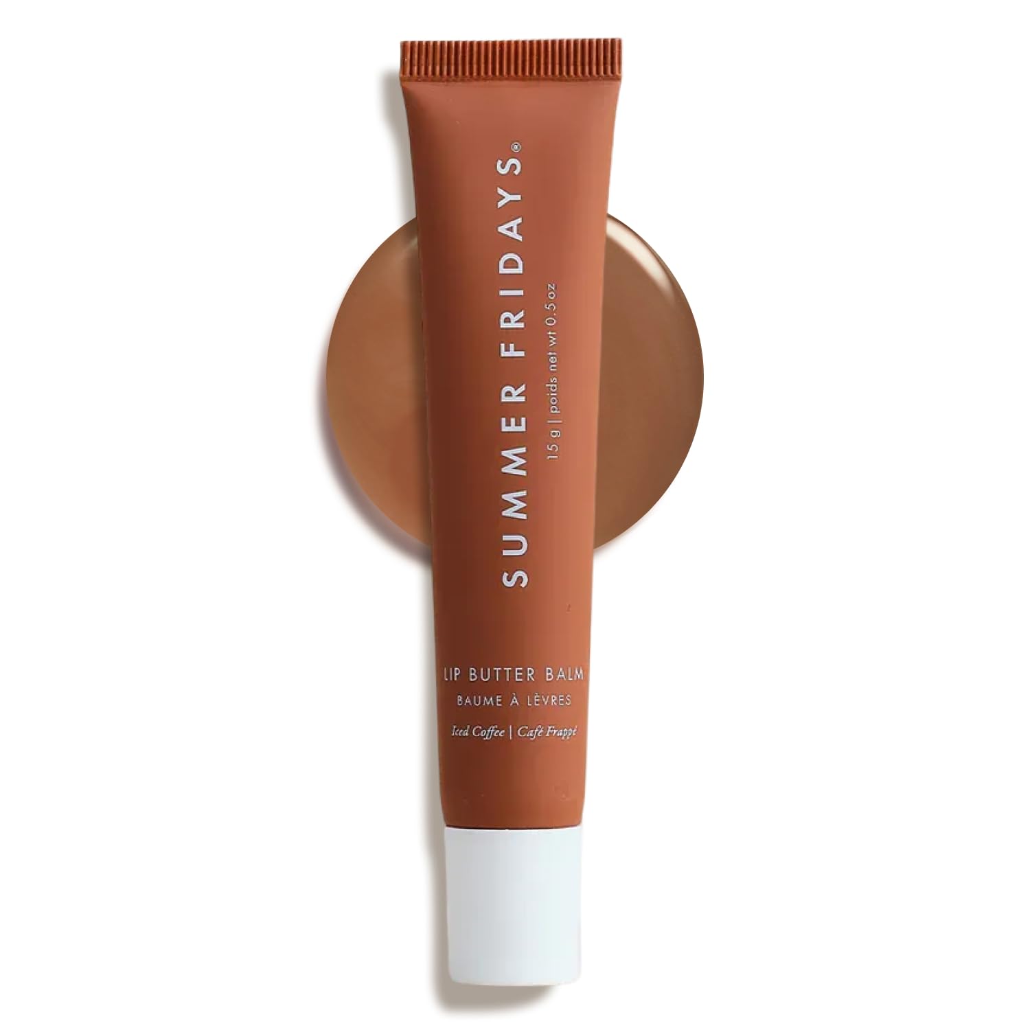 Summer Fridays Iced Coffee tinted lip balm swatch showing subtle moisture and shine.