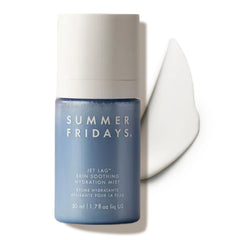 Summer Fridays Jet Lag Mist bottle closeup showing dewy hydration and comfort.