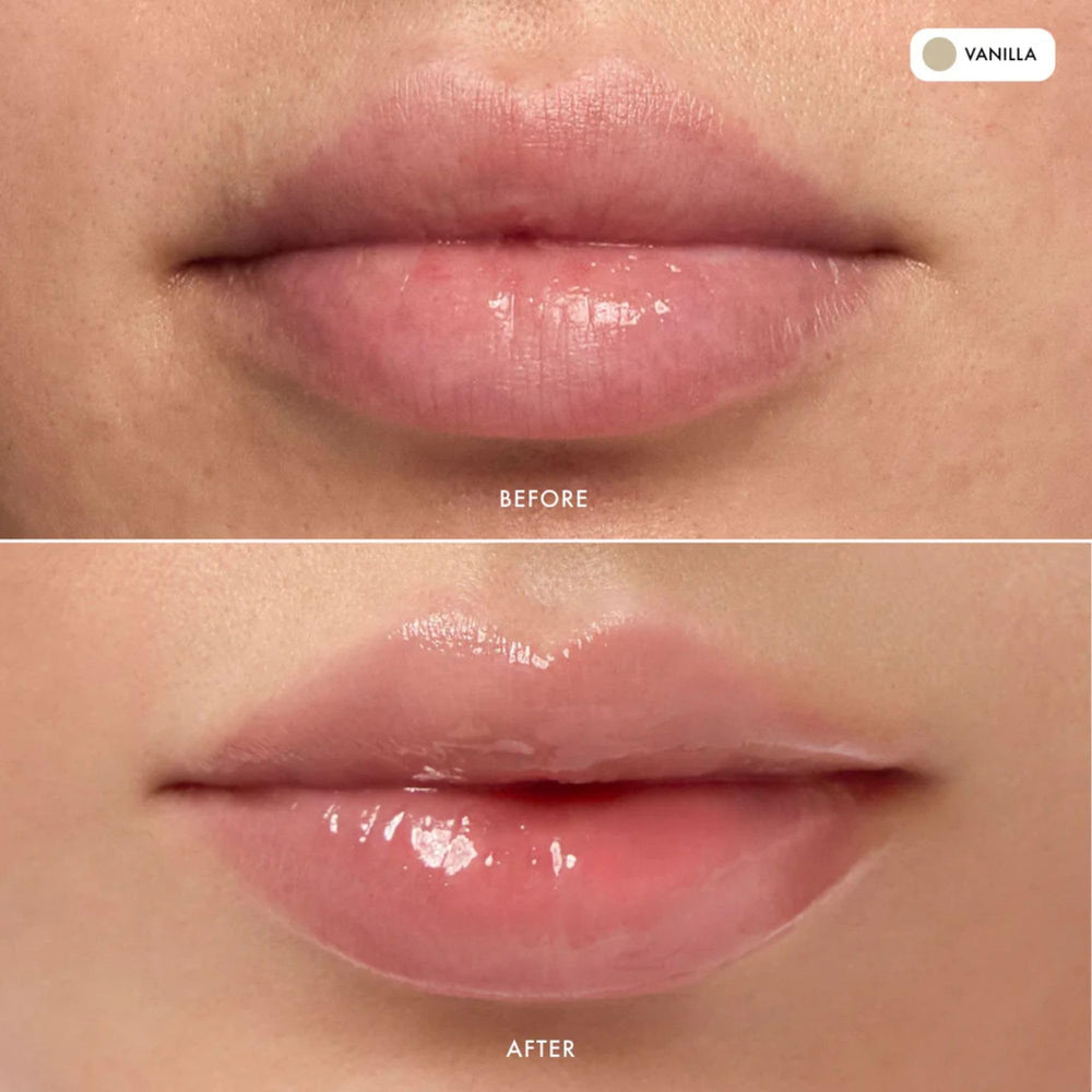 Vanilla balm application highlights non-sticky, soft hydration.