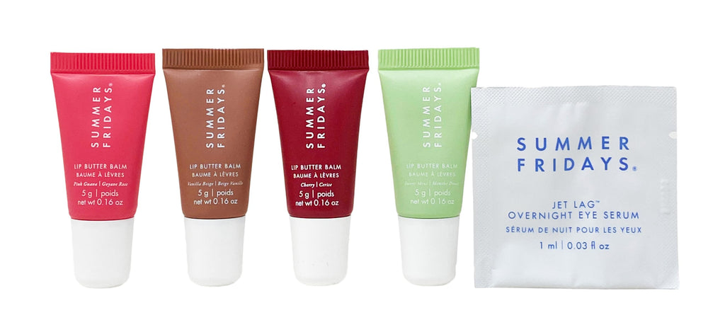 Summer Fridays Lip Butter Minis Pink Guava for bright pink tint and fruity flavor