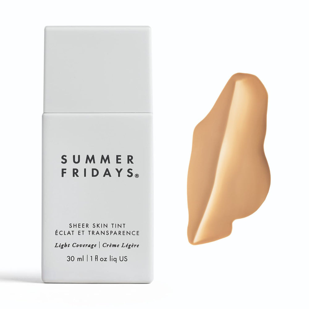 Summer Fridays Sheer Skin Tint bottle close-up highlighting lightweight, hydrating feel.