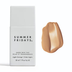 Summer Fridays Sheer Skin Tint bottle on display for hydrated, even-toned skin.