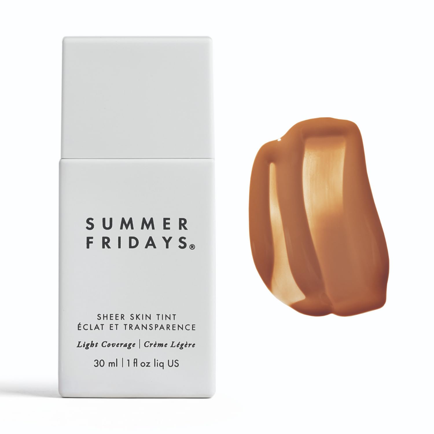 Summer Fridays Sheer Skin Tint bottle pour shows a natural, hydrated glow.