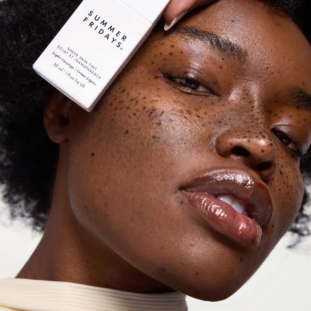 Feather-light texture depicted for Summer Fridays Sheer Skin Tint packaging close-up.
