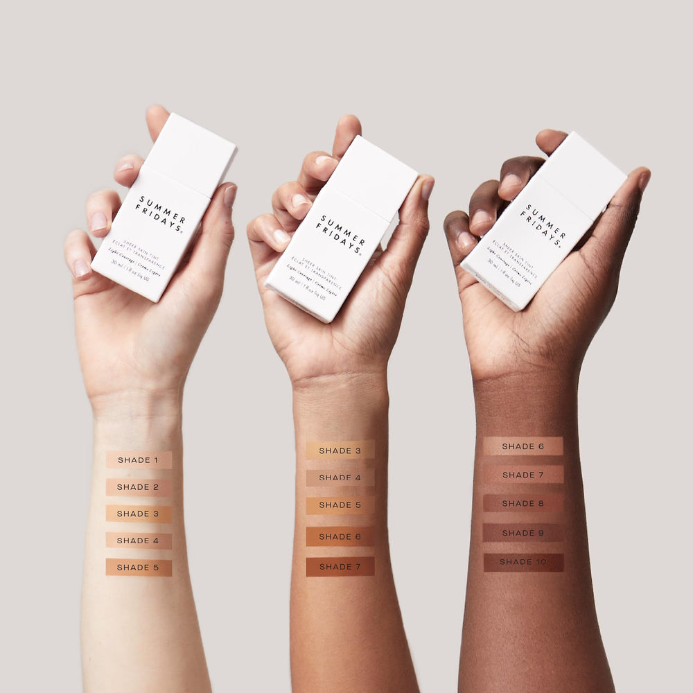 Summer Fridays Sheer Skin Tint packaging and texture close-up conveys lightweight feel.