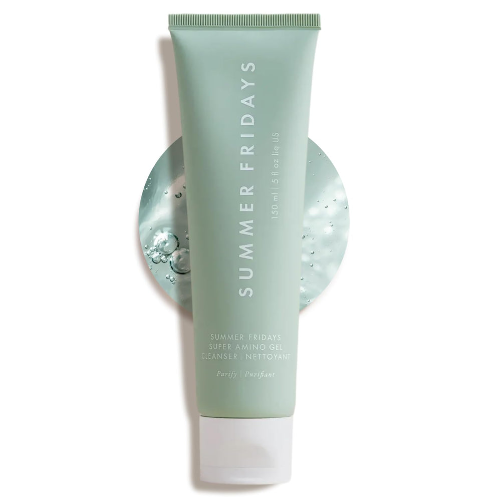Summer Fridays Super Amino Gel Cleanser bottle showing gentle cleansing and daily hydration