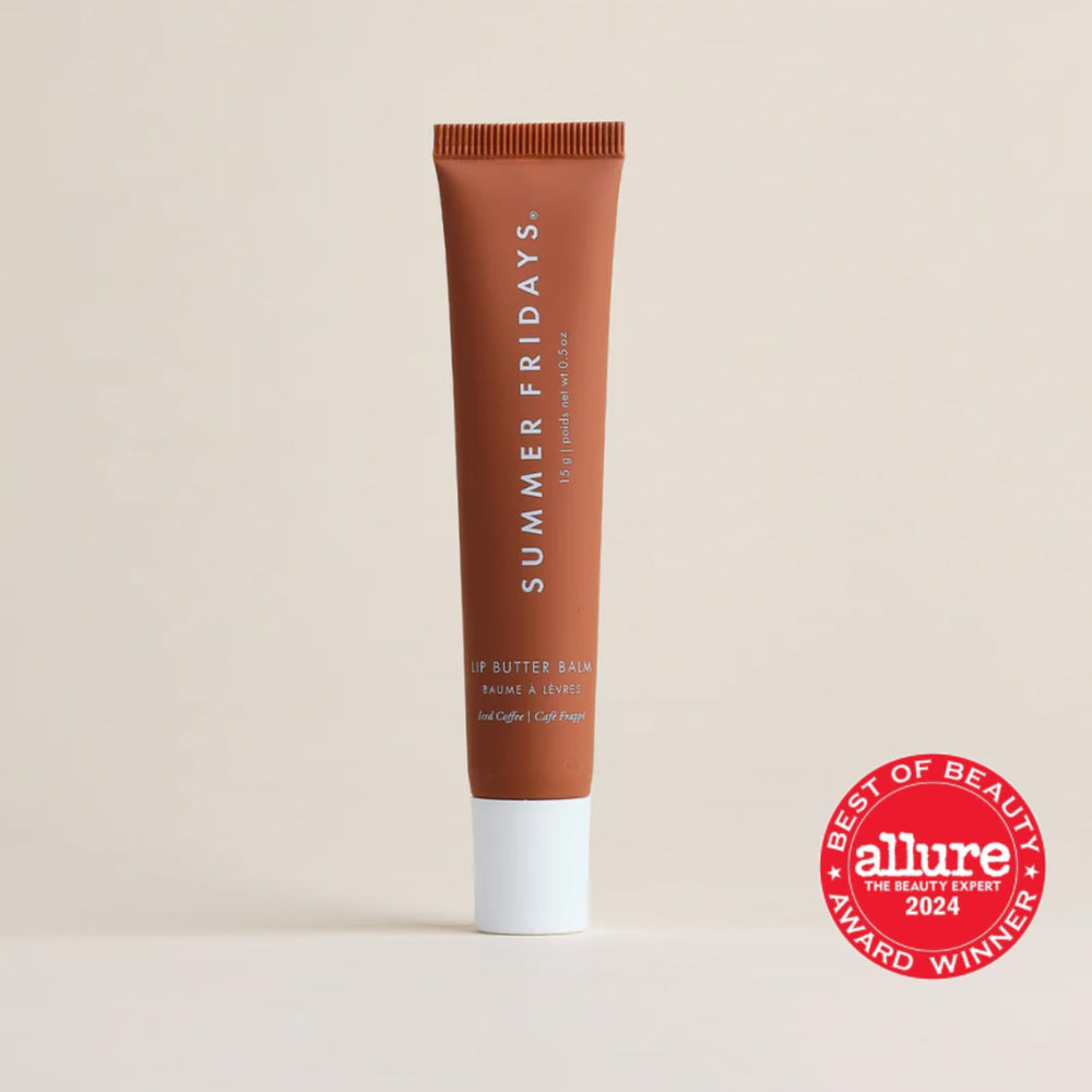 Summer Fridays tinted lip balm on lips delivers natural shine and moisture.