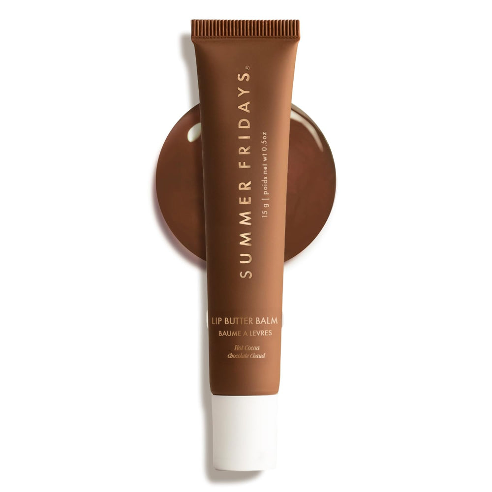 Summer Fridays Hot Cocoa lip balm applied for instant moisture and a warm tint.