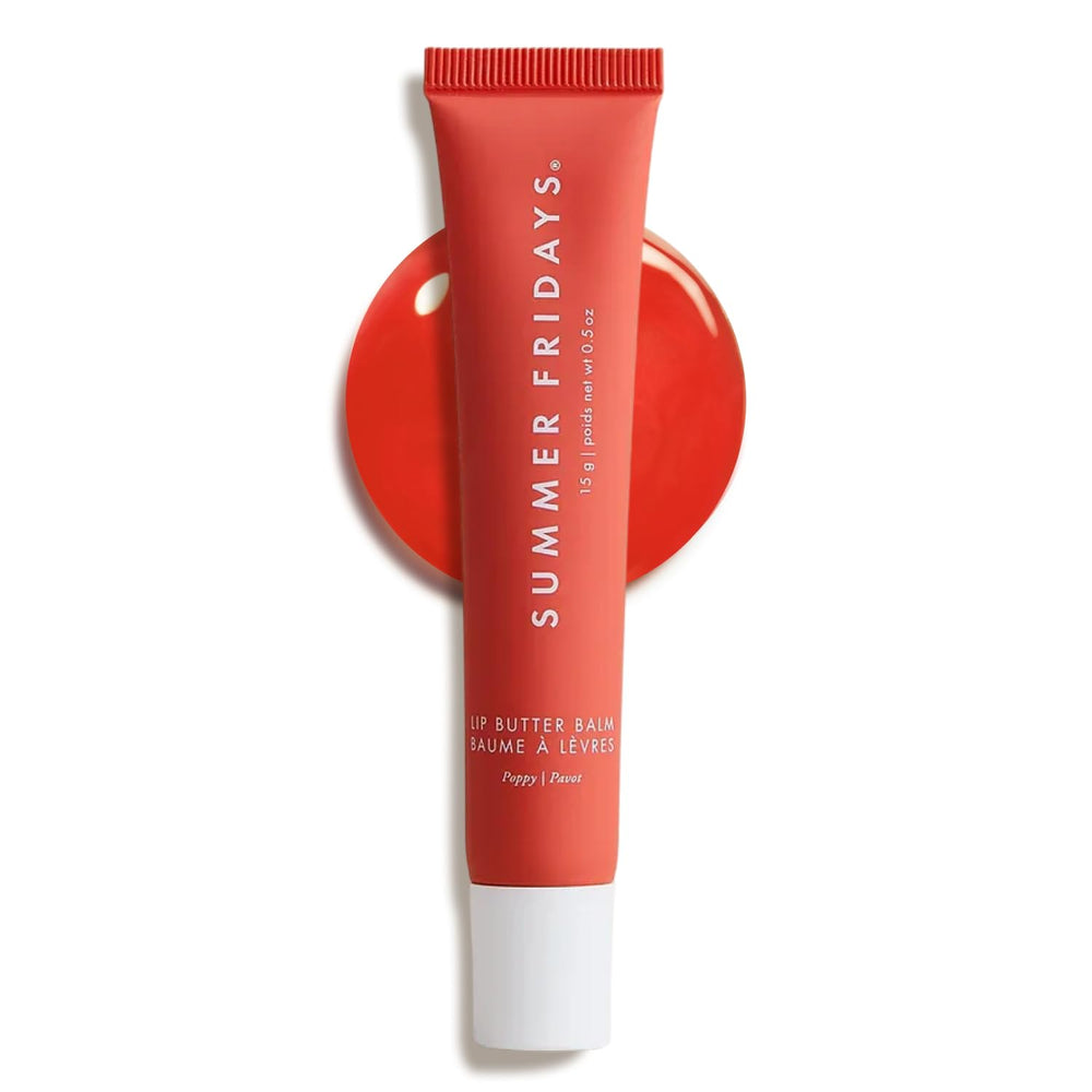 Summer Fridays Tinted Lip Butter Balm Poppy compact with sheer coral color and moisture